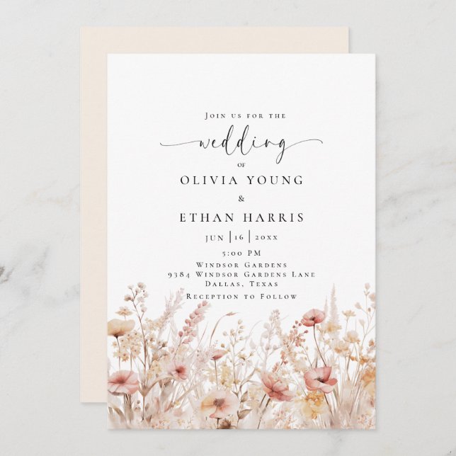 Blushing Wildflowers Wedding Invitation (Front/Back)