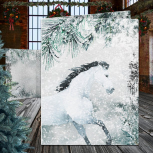 Blustering Winter Woodland Forest White Horse Holiday Card