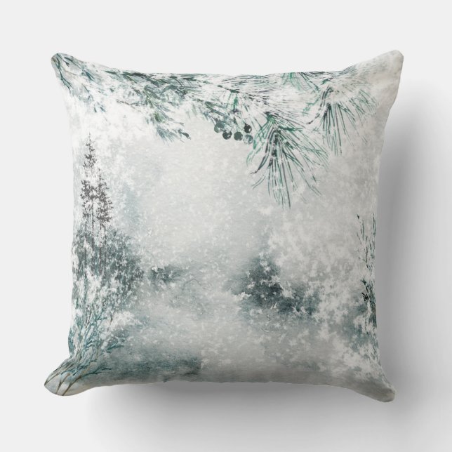 Blustering Winter Woodland Snow Storm Pine Needles Cushion (Front)