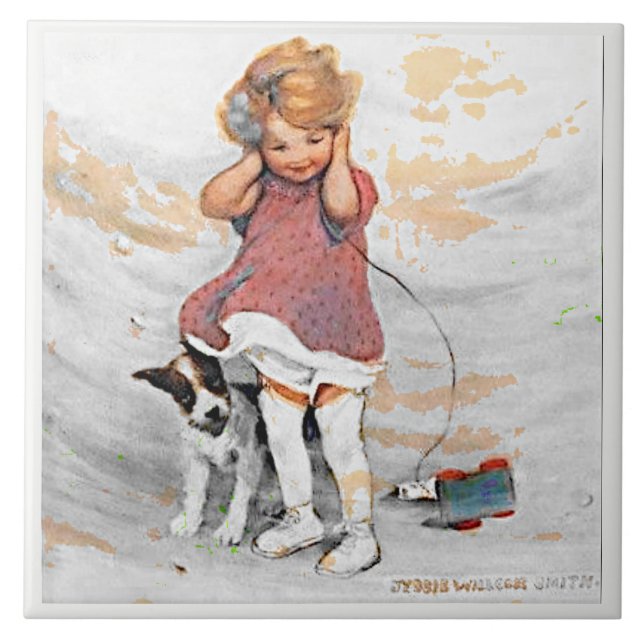 Blustery Wind Jessie Wilcox Smith Girl Dog Ceramic Tile (Front)
