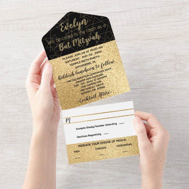 BM Bar Bat Mitzvah Elegant Gold Stars All In One Invitation (Tearaway)