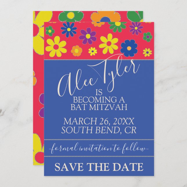 BM Bar Bat Mitzvah Flowery Save The Date (Front/Back)