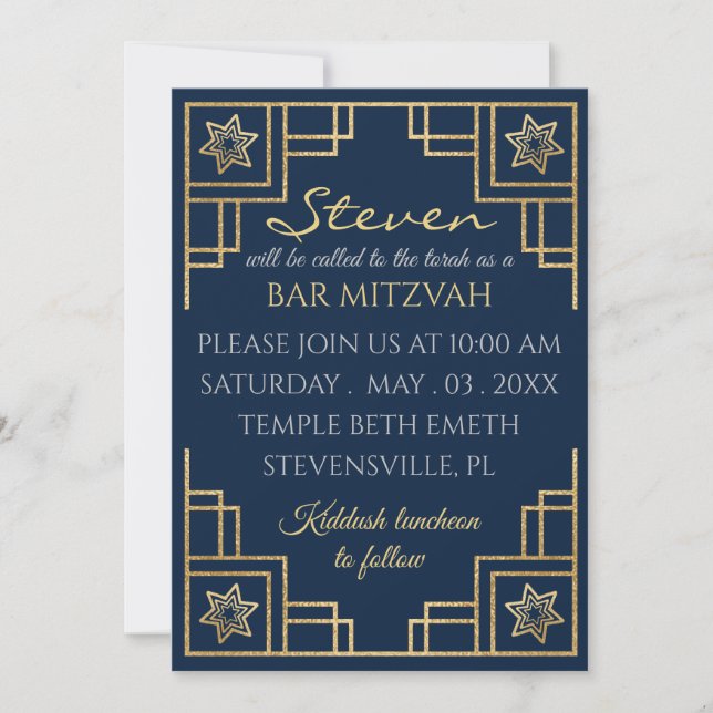 BM Bar or Bat Mitzvah Blue n Gold Art Deco Invitation (Front)