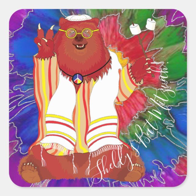BM Bar or Bat Mitzvah Hippie Bear Stickers Square (Front)