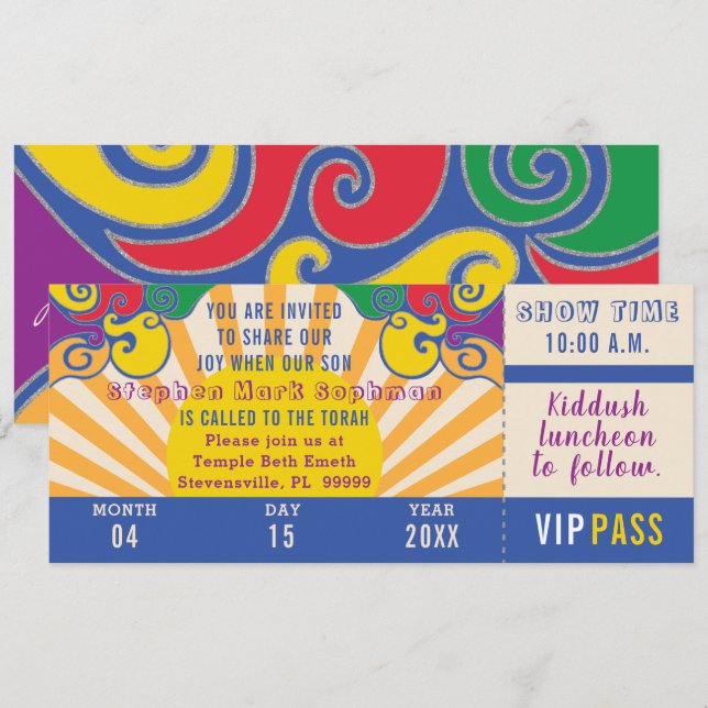 BM Bar or Bat Mitzvah Hippie Ticket Invitation (Front/Back)