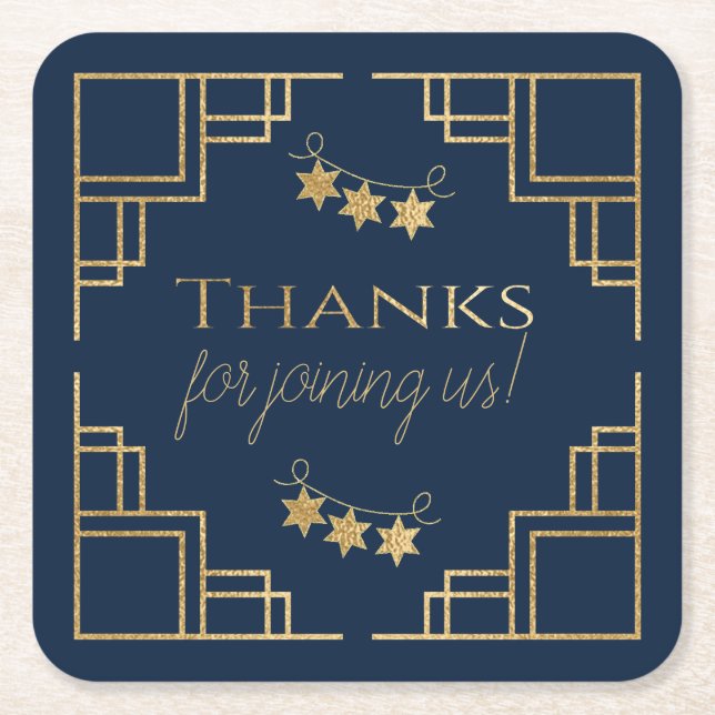 BM Bar or Bat Mitzvah Navy Art Deco Square Paper Coaster (Front)