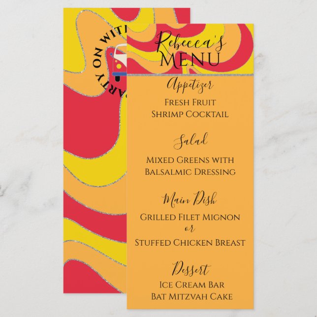 BM Bat Bar Mitzvah Elegant Silvery Swirl Food Menu (Front/Back)