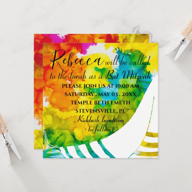 BM Bat or Bar Mitzvah Colourful Square Invitation (Front/Back In Situ)