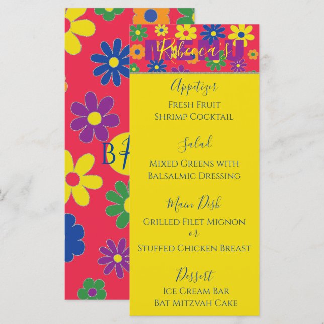 BM Bat or Bar Mitzvah Elegant Flowered Food Menu (Front/Back)