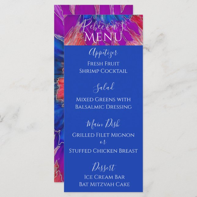 BM Bat or Bar Mitzvah Elegant Tie Dye Food Menu (Front/Back)