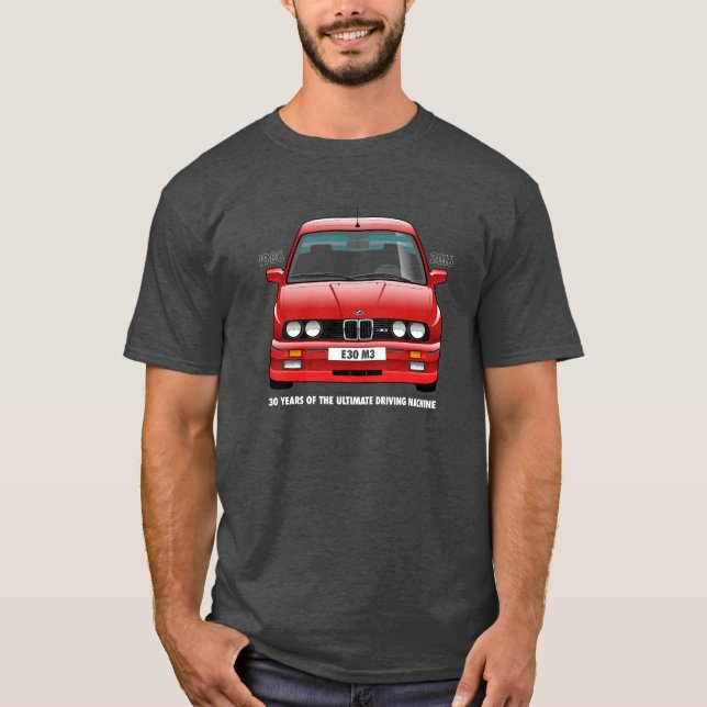 BMW E30 M3 30th Anniversary (Red) White Type T-Shirt (Front)