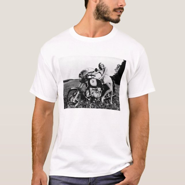 BMW Motorcycle and Beautiful Woman T-Shirt (Front)