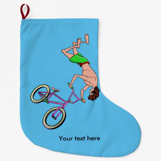 BMX Bike Rider Cartoon Large Christmas Stocking (Front)
