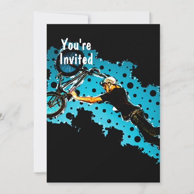 BMX Flying Stunt of Black and Blue Dots Black Bk Invitation (Front)