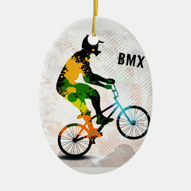 BMX Rider in Abstract Paint Splatters SQ WITH TEXT Ceramic Ornament (Front)