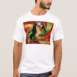 BMXers in Red and Orange Grunge Swirls T-Shirt