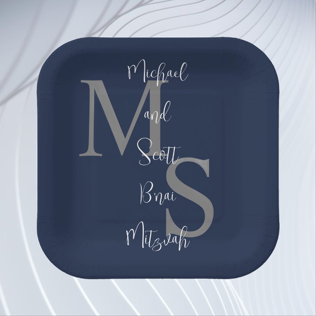 B'nai Mitzvah Blue White Burgundy Name Monogram Paper Plate (Creator Uploaded)