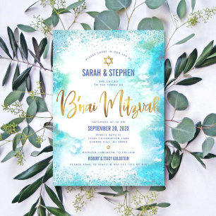 B'nai Mitzvah Gold Script Turquoise Watercolor Invitation