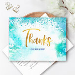 B'nai Mitzvah Gold Turquoise Watercolor Thank You Postcard<br><div class="desc">Make sure your favourite B’nai Mitzvahs show their appreciation to all who supported their milestone event! Send out this stunning, modern, personalised thank you postcard. Sparkly gold faux foil calligraphy script and blue confetti dots overlay a turquoise blue watercolor background. On the front, personalise with your B’nai Mitzvahs’ names. Add...</div>