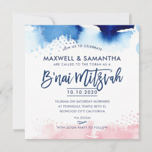 B'NAI MITZVAH hand lettered blue & pink watercolor Invitation