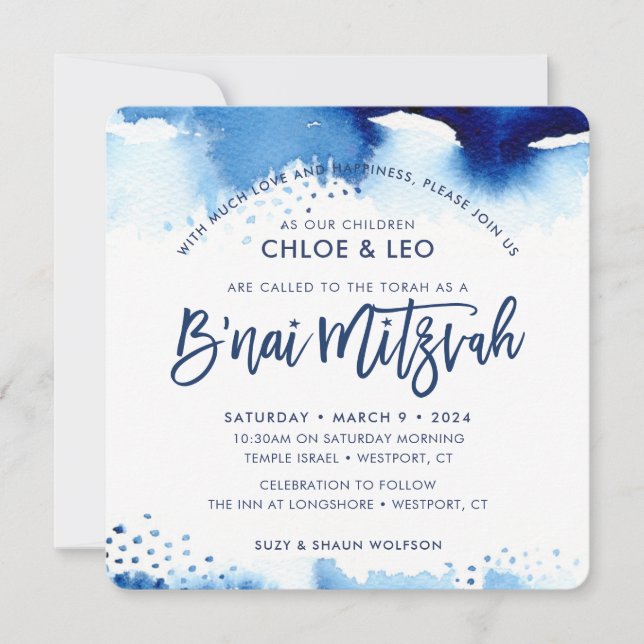 B'NAI MITZVAH INVITE hand lettered blue watercolor (Front)