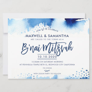 B'NAI MITZVAH INVITE hand lettered blue watercolor