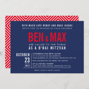 B'NAI MITZVAH modern bold block wide navy blue red Invitation