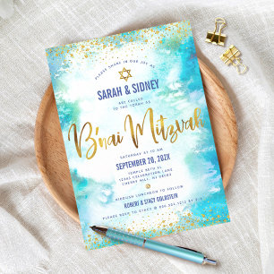B'nai Mitzvah Modern Gold Turquoise Watercolor Invitation