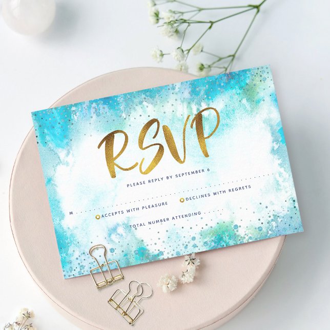 B'nai Mitzvah modern gold turquoise watercolor RSVP Card (Creator Uploaded)