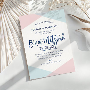 B'NAI MITZVAH modern minimal script blue pink Invitation