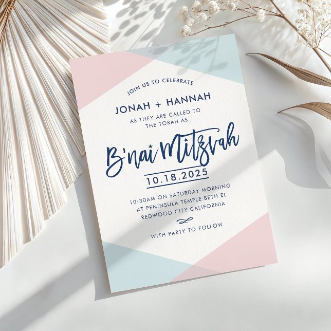 B'NAI MITZVAH modern minimal script blue pink Invitation (Creator Uploaded)