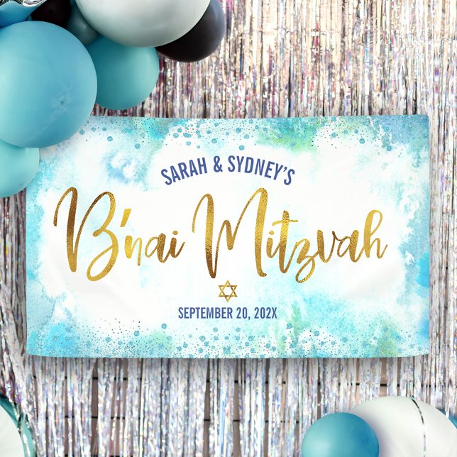 B'nai Mitzvah Turquoise Watercolor Gold Script Banner (Creator Uploaded)