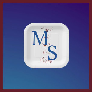 B'nai Mitzvah White Blue Burgundy Name Monogram Paper Plate