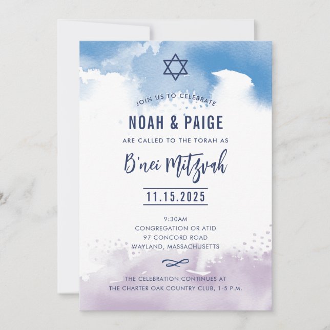 B'NEI MITZVAH script blue & purple watercolor 2 Invitation (Front)