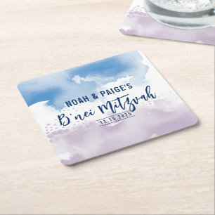B'NEI MITZVAH SEAL modern purple blue watercolor Square Paper Coaster