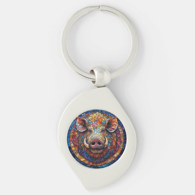 Boar Mosaic with Unique Geometric Artwork Key Ring (Front)