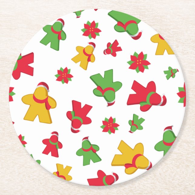 Board Game Meeple Christmas Pattern Round Paper Coaster (Front)