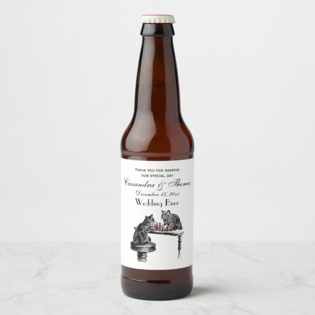 Board Games Two Cats playing Chess Match Red Beer Bottle Label (Front)