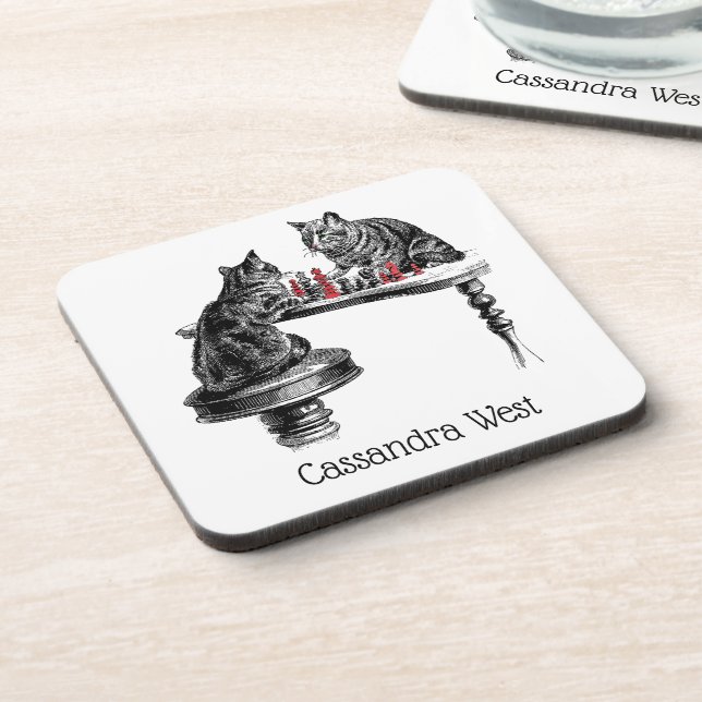 Board Games Two Cats playing Chess Match Red Coaster (Left Side)