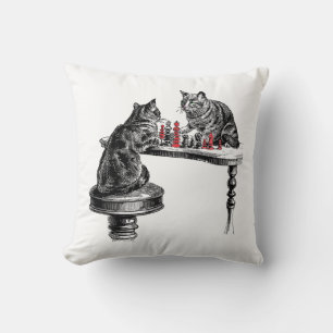 Board Games Two Cats playing Chess Match Red Cushion