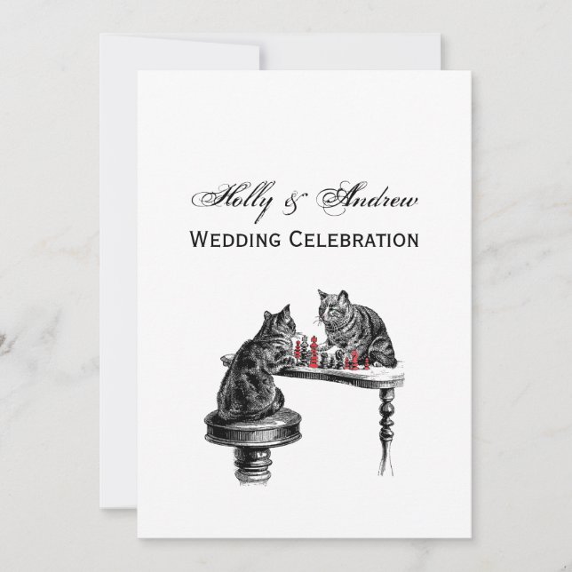Board Games Two Cats playing Chess Match Red Invitation (Front)