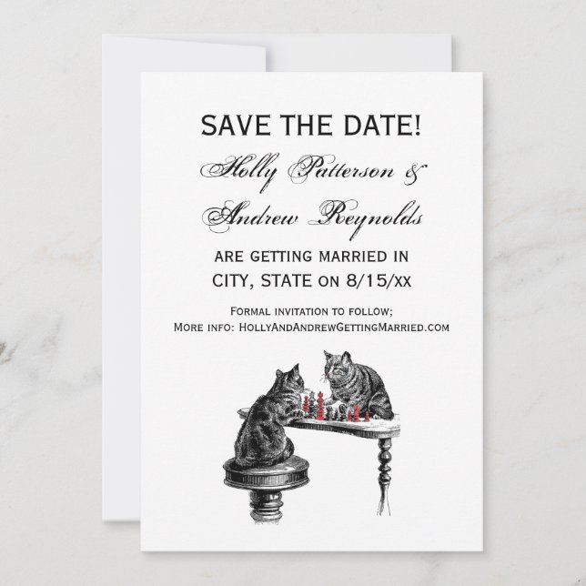 Board Games Two Cats playing Chess Match Red Invitation (Front)