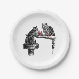 Board Games Two Cats playing Chess Match Red Paper Plate
