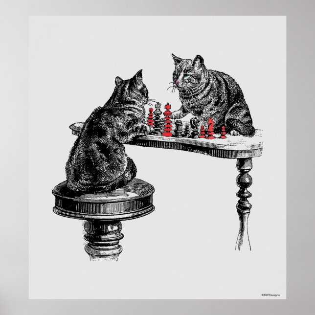 Board Games Two Cats playing Chess Match Red Poster (Front)