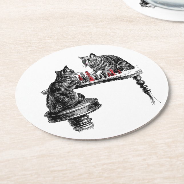 Board Games Two Cats playing Chess Match Red Round Paper Coaster (Angled)