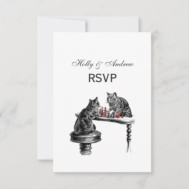 Board Games Two Cats playing Chess Match Red RSVP Card (Front)