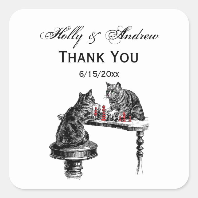Board Games Two Cats playing Chess Match Red Square Sticker (Front)