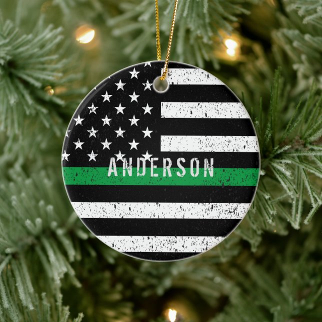 Boarder Patrol distressed Thin Green Line w/ name Ceramic Ornament (Tree)