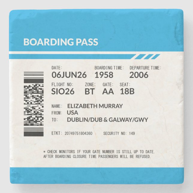 Boarding Pass 6000x6000 (blue) DAM06 Stone Coaster (Front)
