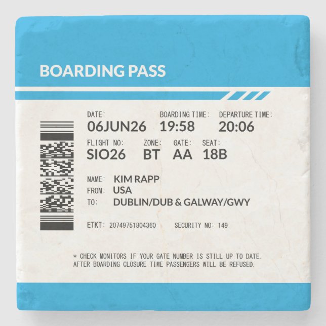 Boarding Pass 6000x6000 (blue) DAM10 Stone Coaster (Front)